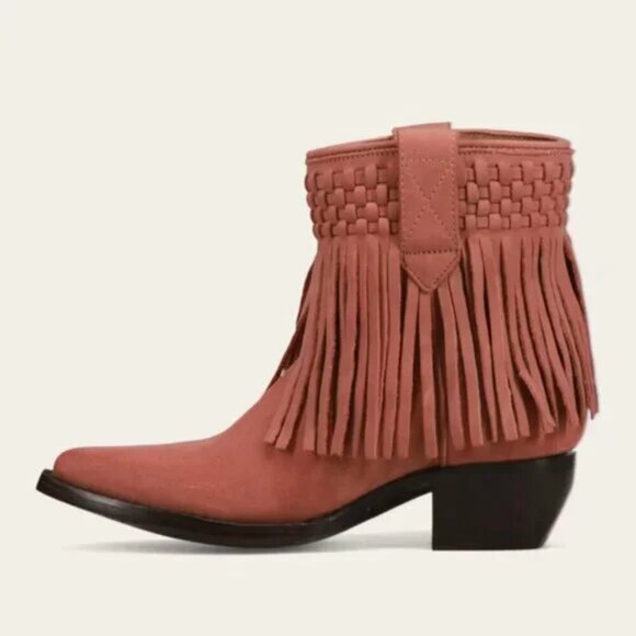 NWB $358 FRYE Sacha Short Fringe Suede Ankle Bootie Rose Pink Western Boho Sz 7 - Picture 3 of 7